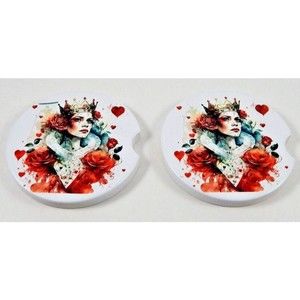 Set Of 2 Queen Of Hearts Absorbent Ceramic Car Coasters 2.75 Inch Coasters